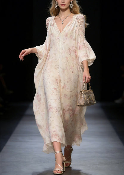 Original Design V Neck Print Wrinkled Chiffon Long Dress Spring