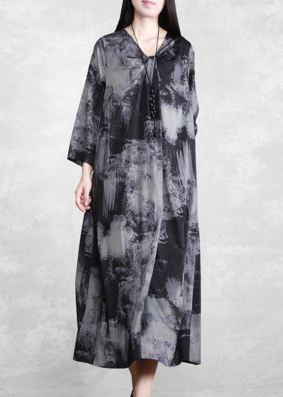 V Neck Asymmetric Quilting Clothes Design Gray Print Maxi Dress