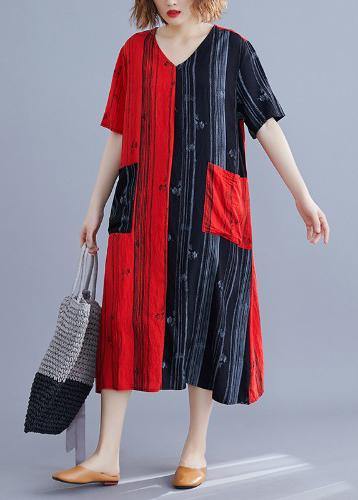 Red Print Cotton Patchwork Summer Dress