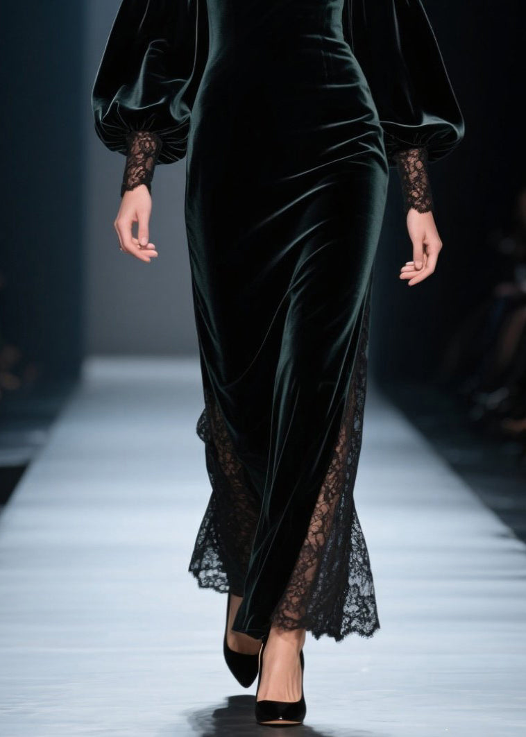 Blackish Green Cold Shoulder Lace Patchwork Velvet Dresses Fall