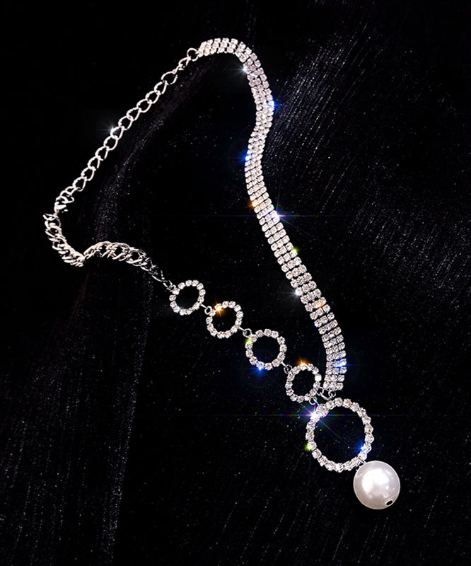 Unique White Alloy Zircon Pearl Tassel Pendant Necklace