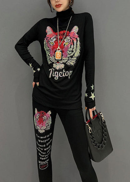 Novelty Black Turtleneck Animal Print Cotton Two Pieces Spring