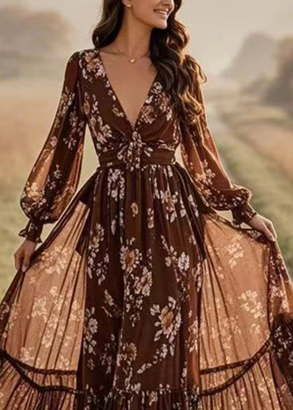Loose Chocolate Patchwork Tunic Chiffon Long Dresses Lantern Sleeve Spring