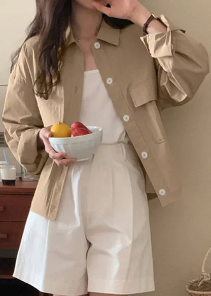 Khaki Button Pockets Cotton Fall Coats Peter Pan Collar