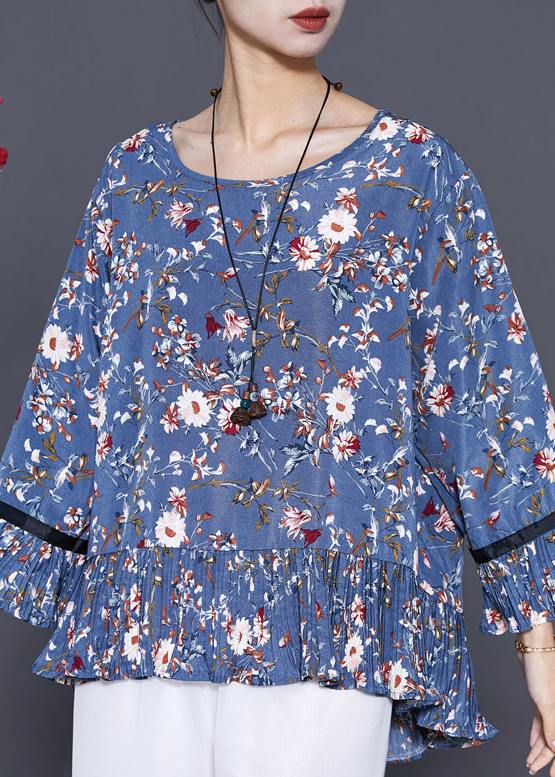 Blue O-neck Print Chiffon Blouse Top Summer