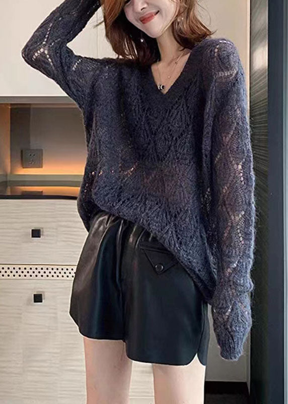 Coffee V Neck Hollow Out Cozy Ma Hai Mao Cotton Knit Tops Fall