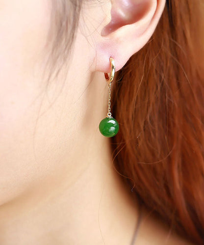 Modern Green Sterling Silver Overgild 18k Gold Jade Drop Earrings