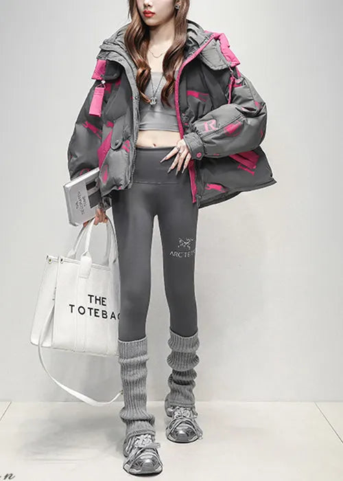 Grey Print Pockets Duck Down Winter Down Coat Hooded