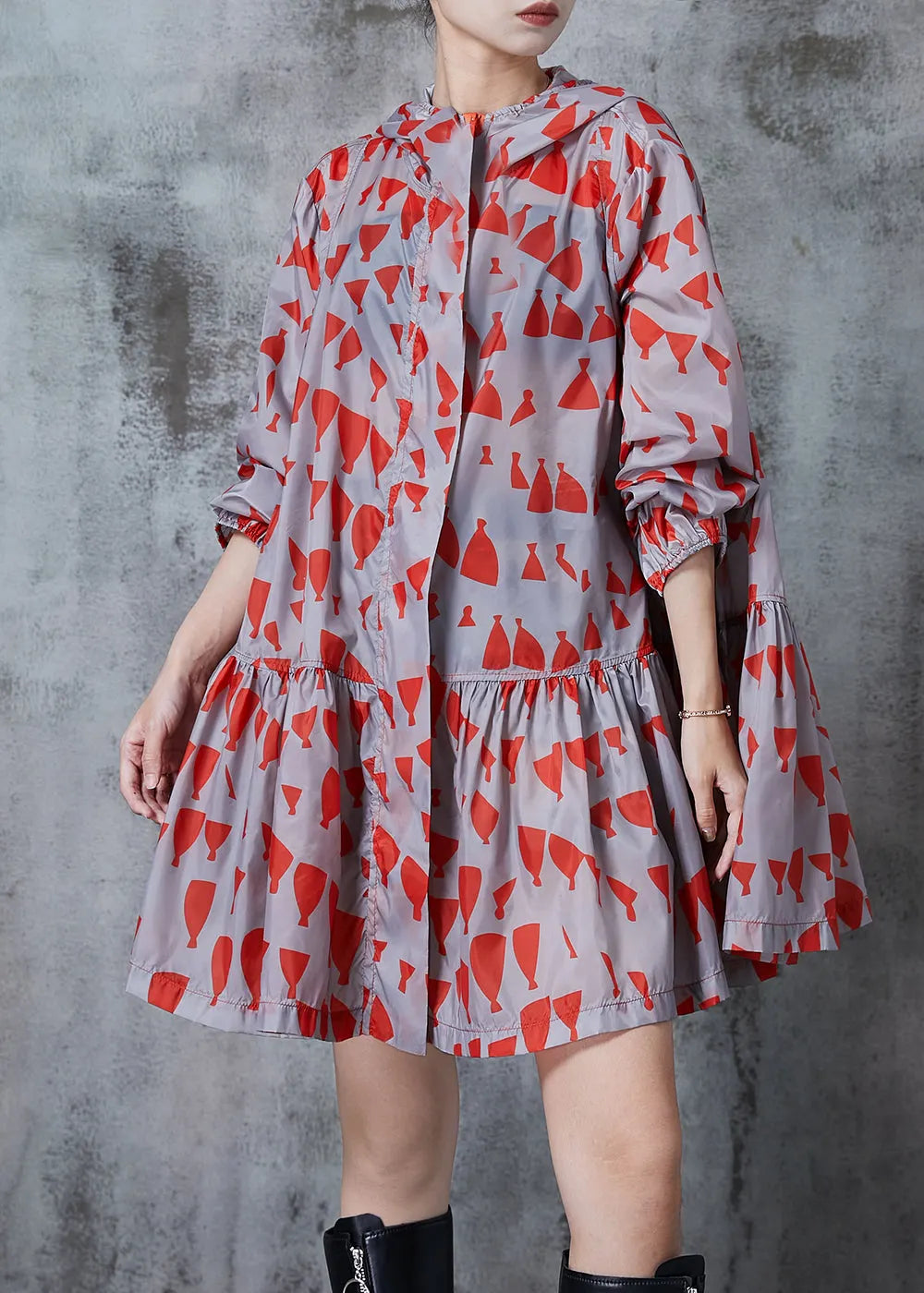 Red Hooded Print Spandex Coats Fall