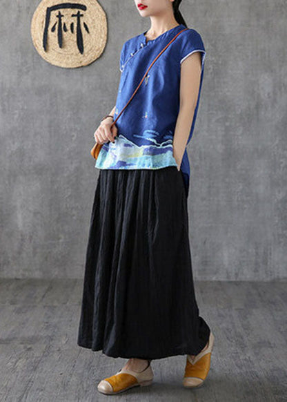 Unique Blue Mandarin Collar Embroideried Cotton Tank Tops Short Sleeve
