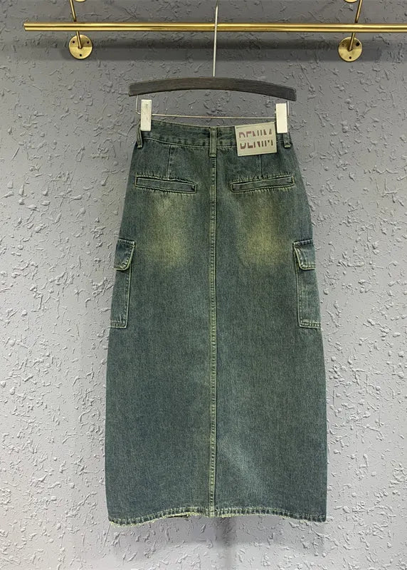 Style Blue Front Open Pockets Patchwork Denim Skirts Spring