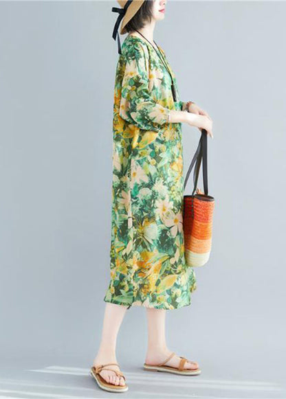 Green O-neck Print Linen Robe Dresses Bracelet Sleeve