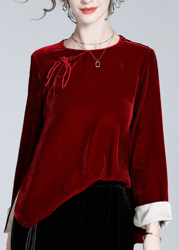 Natural Mulberry O-neck Side Open Silk Velour Shirts Long Sleeve
