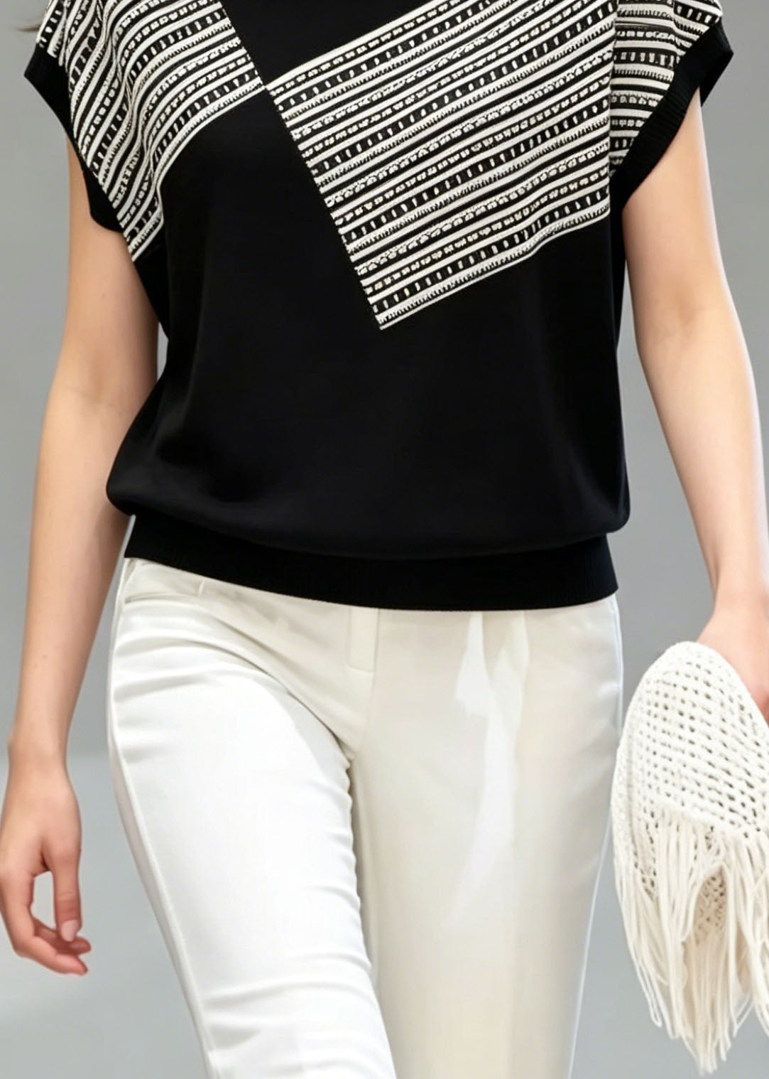 Black O Neck Striped Thin Knit T Shirt Top Summer