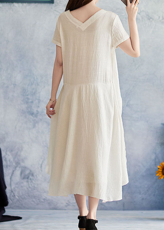 Fitted White Asymmetrical Design V Neck Print Holiday Dress Short Sleeve
