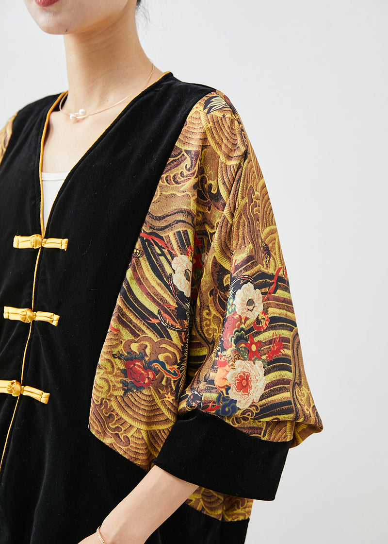 Diy Black Oversized Patchwork Chinese Button Silk Velour Two-piece Set Fall