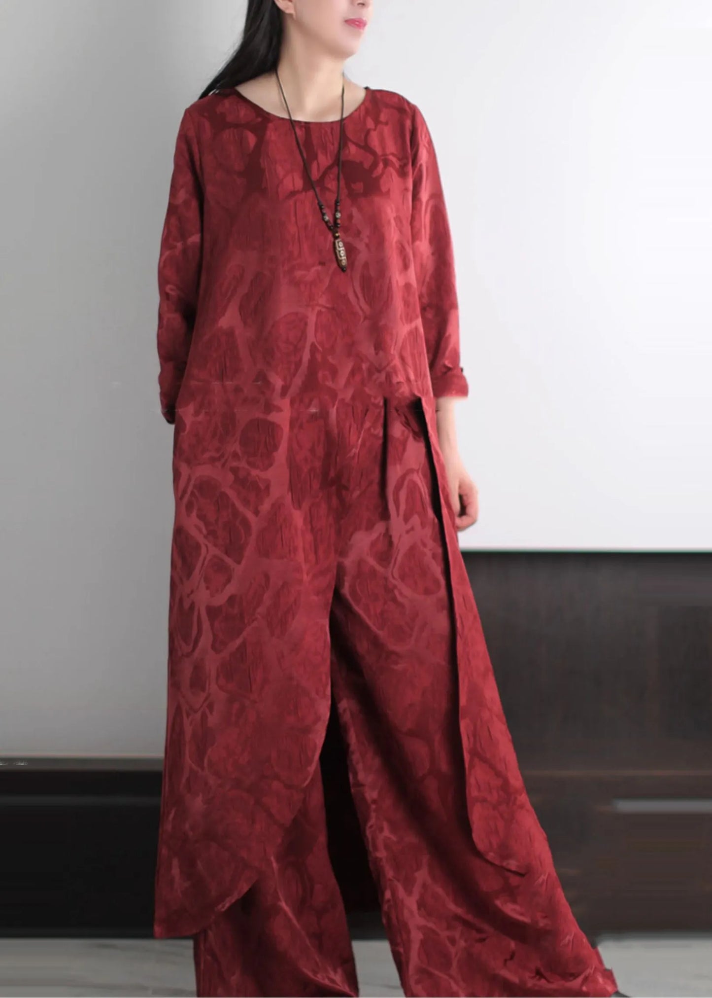 Fine Red Asymmetrical Jacquard Silk Two Pieces Set Spring