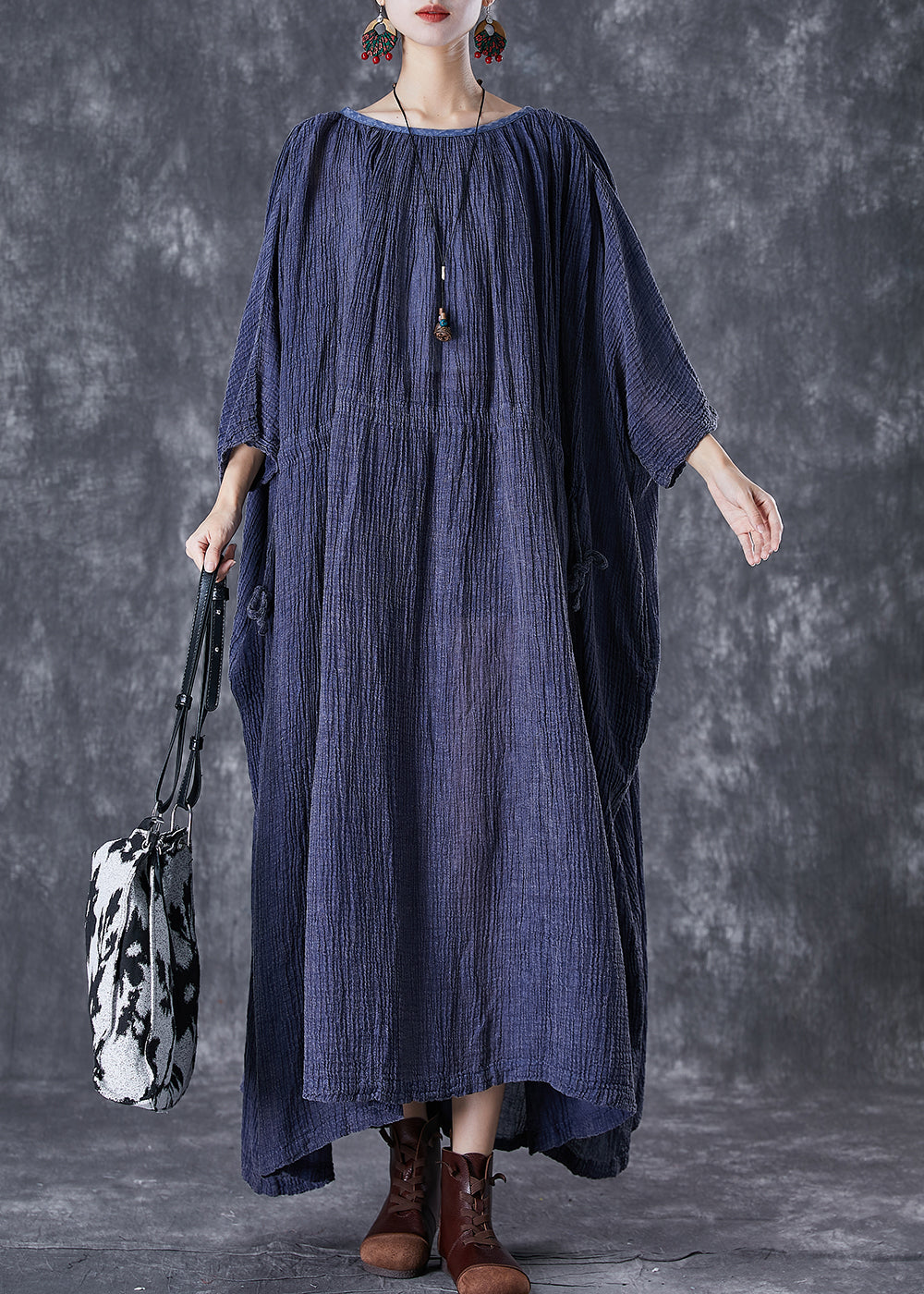 Navy Oversized Drawstring Linen Long Smock Dresses Fall