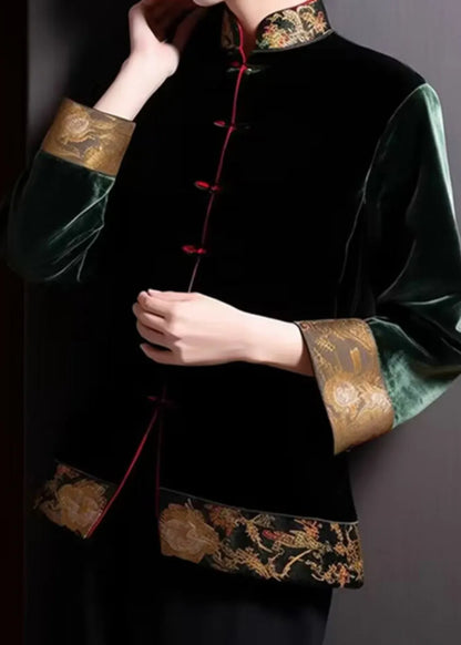 Loose Blackish Green Embroideried Button Silk Coats Long Sleeve
