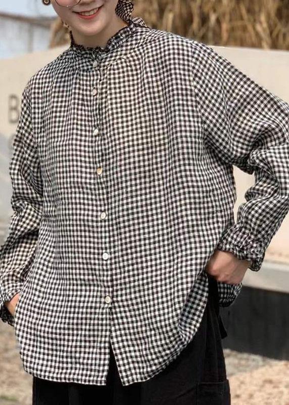 Art Black White Plaid Button Ruffled Fall Long Sleeve Blouse Top