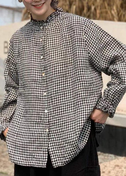 Art Black White Plaid Button Ruffled Fall Long Sleeve Blouse Top