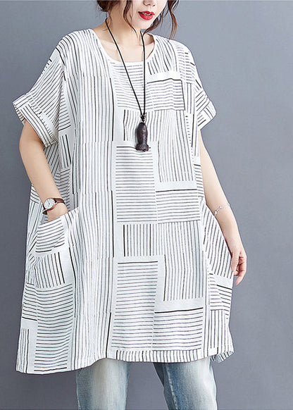 White O-neck Striped Linen Tank Tops Short Sleeve