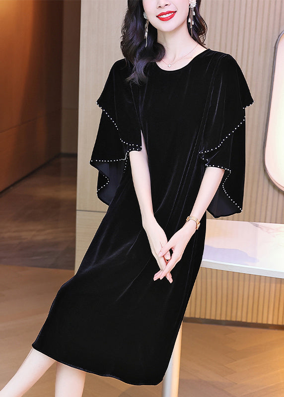 Style Black O-neck Ruffled Patchwork Silk Velour Dress Fall