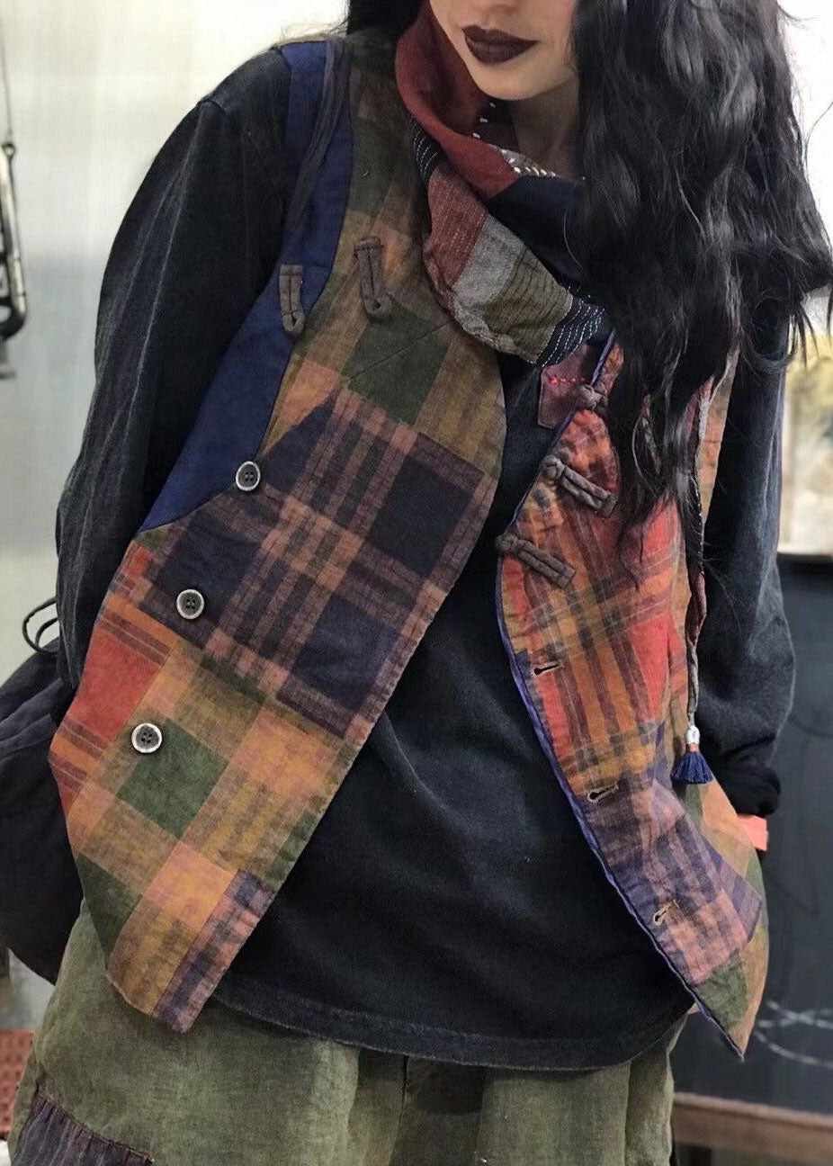 Red Button Plaid Patchwork Linen Vest Spring