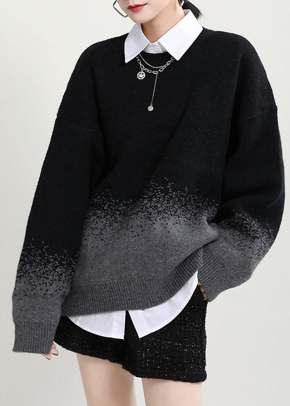 Simple Black O-neck Gradient Color Fall Knit Knitted Sweaters