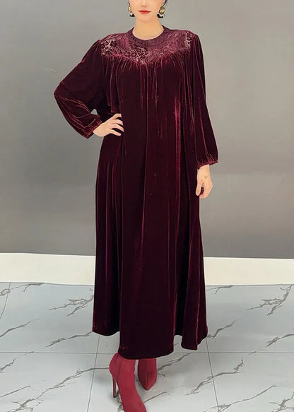 Purple O-neck Wrinkled Silk Velour Maxi Dresses Winter