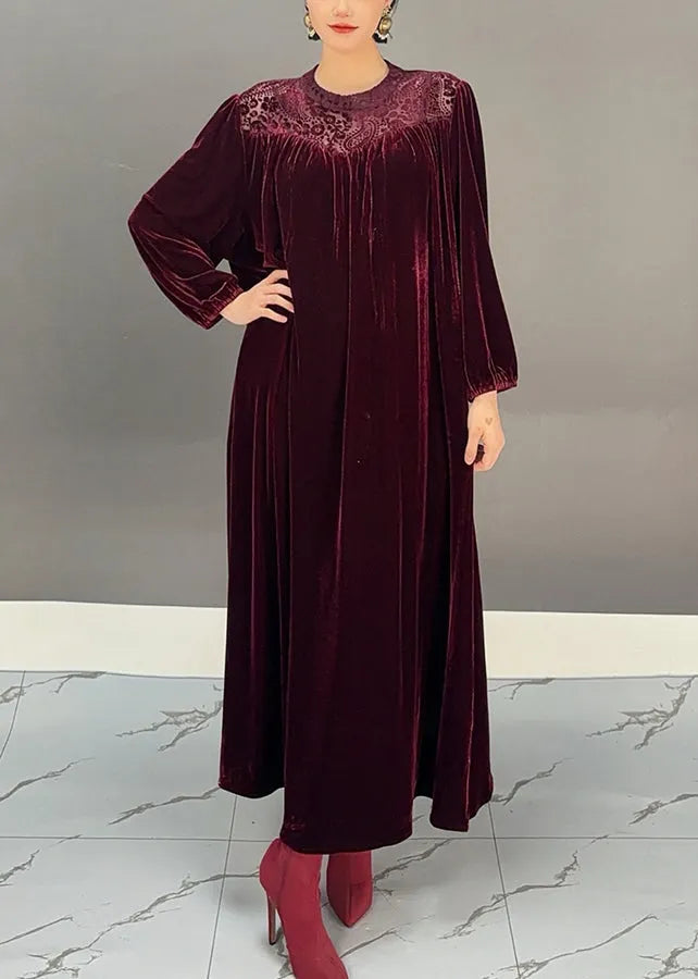 Purple O-neck Wrinkled Silk Velour Maxi Dresses Winter