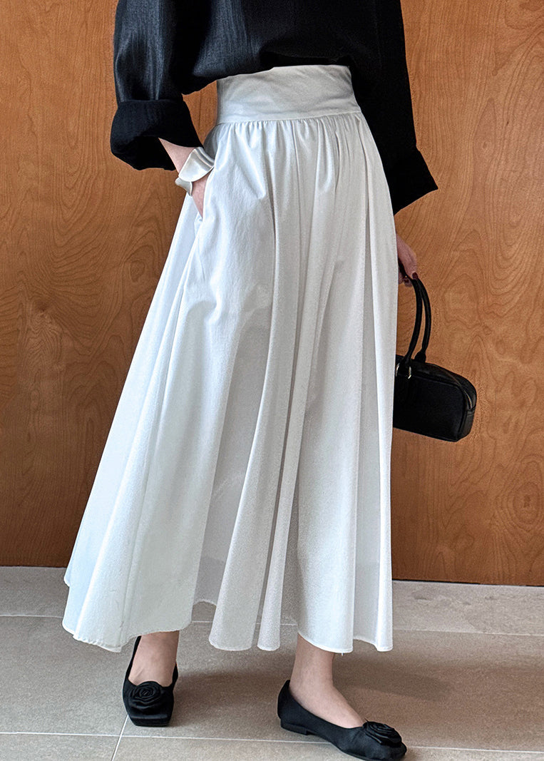 White Pockets Cotton Pleated Skirt High Waist