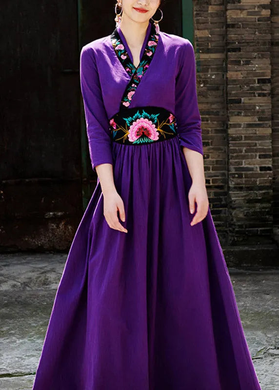 Purple V Neck Embroideried Zippered Wrinkled Maxi Dresses Fall