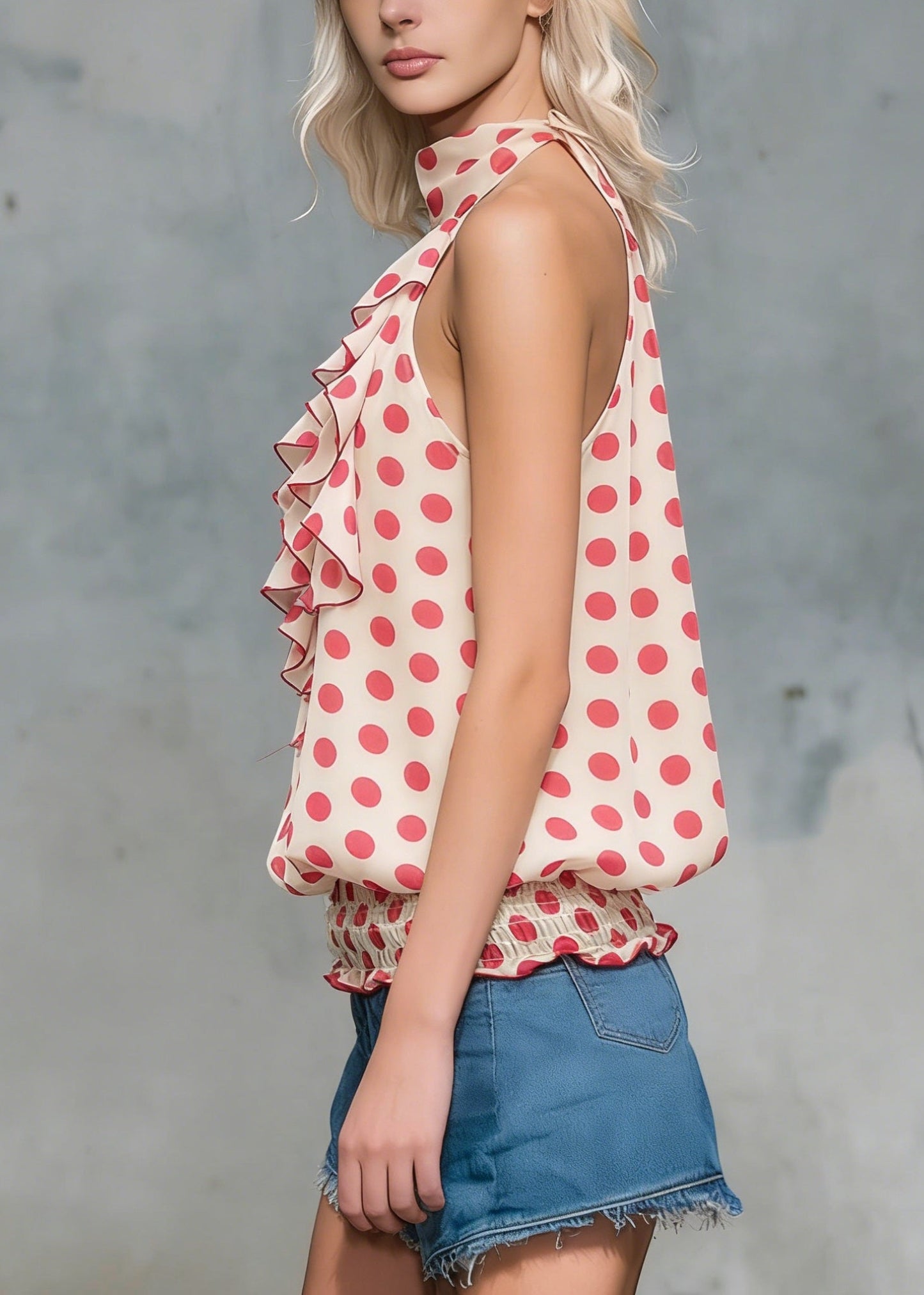 Style Red Dot Ruffled Patchwork Chiffon Shirt Top Sleeveless