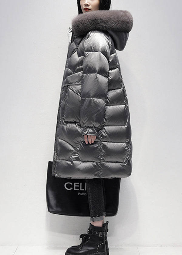 Italian Grey Zip Up Fur Collar Cotton Blend Hooded Coat Winter