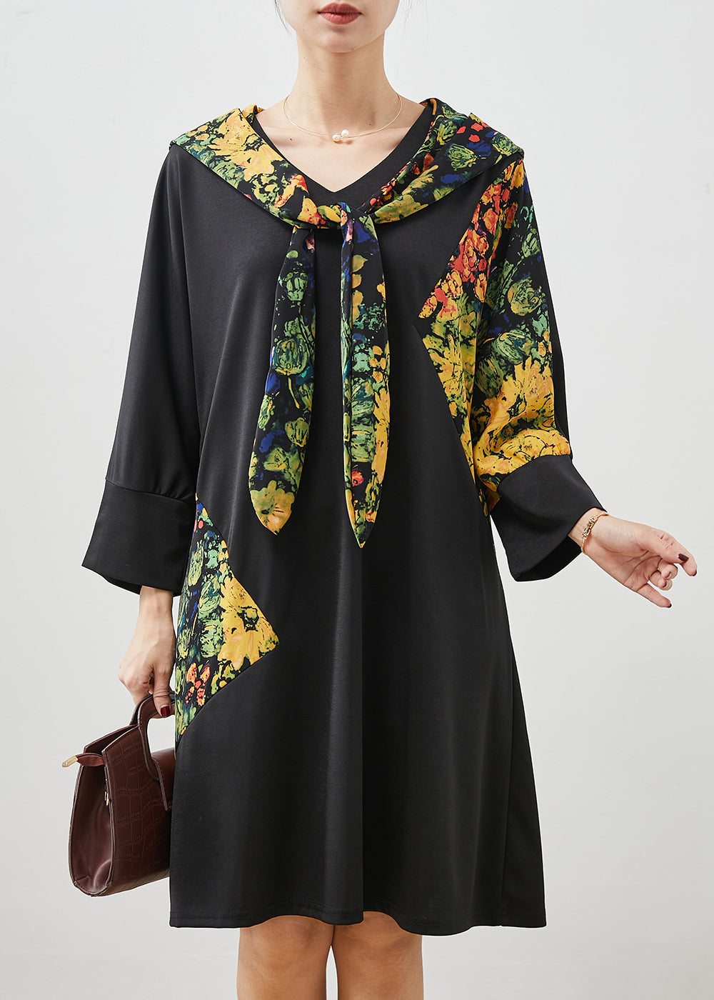 Black Hooded Patchwork Cotton Dress Spring