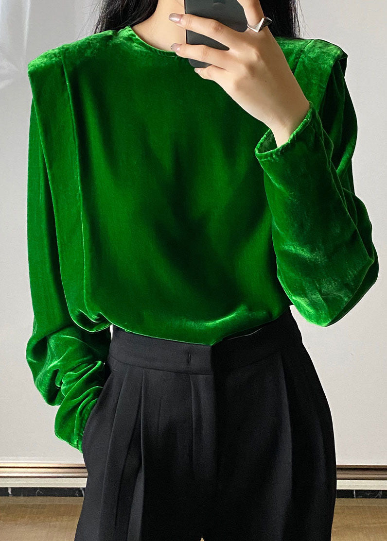 Green Silk Velour Tops Button O-neck Long Sleeve