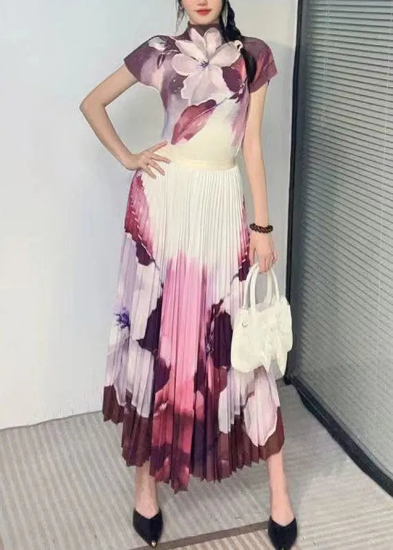 Purple Wrinkled T Shirt and Skirts Two Pieces Set Summer
