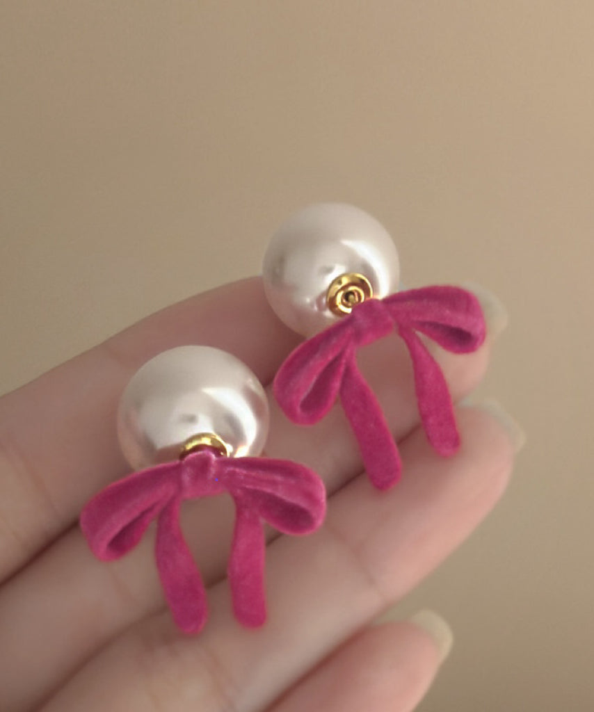 Pink Silk Velour Alloy Pearl Bow Stud Earrings