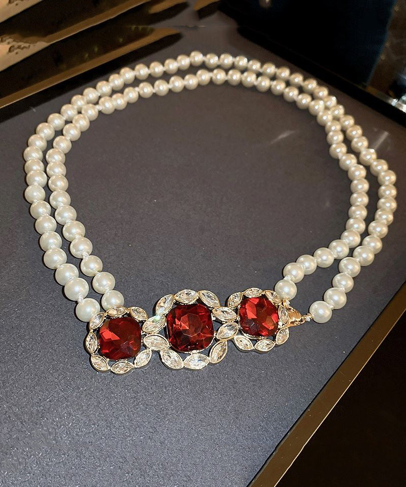 Red Alloy Zircon Bilayer Pearl Graduated Bead Necklace