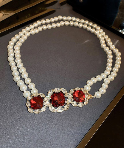 Red Alloy Zircon Bilayer Pearl Graduated Bead Necklace