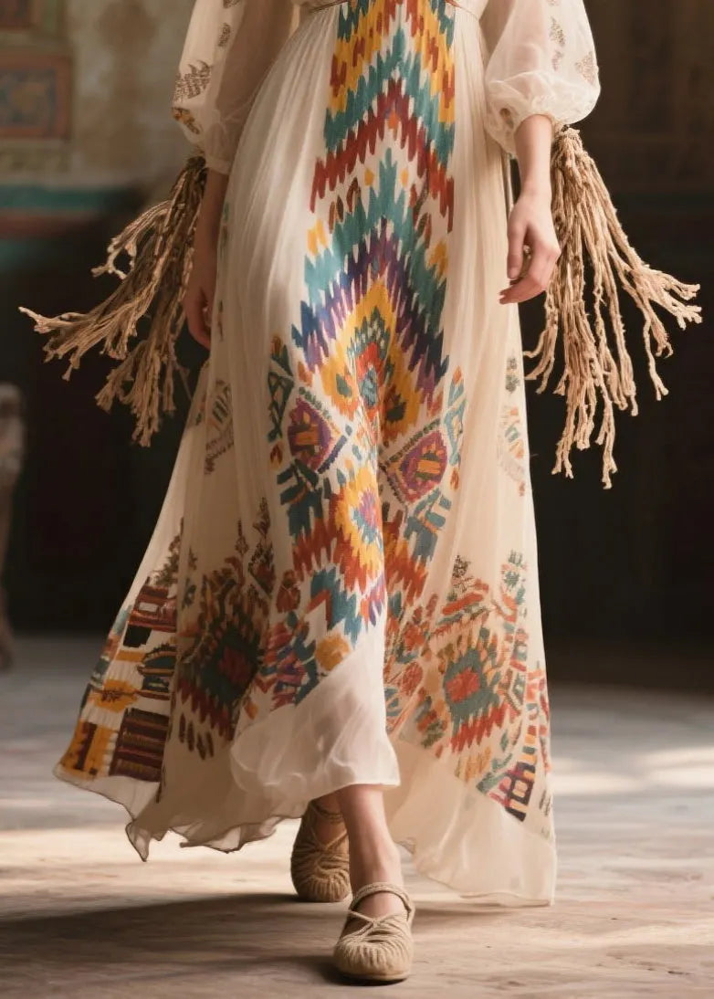Beige Print Draping Chiffon Long Dress Bracelet Sleeve