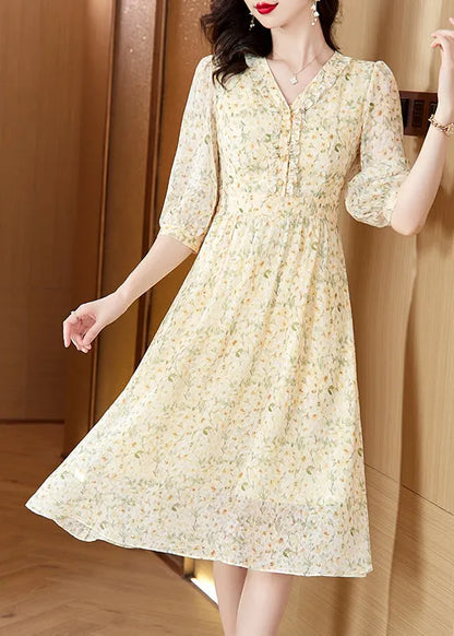 Light Yellow V Neck Print Chiffon Dresses Summer