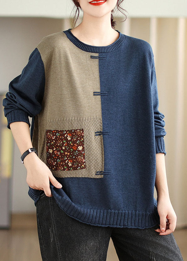 Blue O-neck Button Cozy Cotton Knit Sweater Long Sleeve