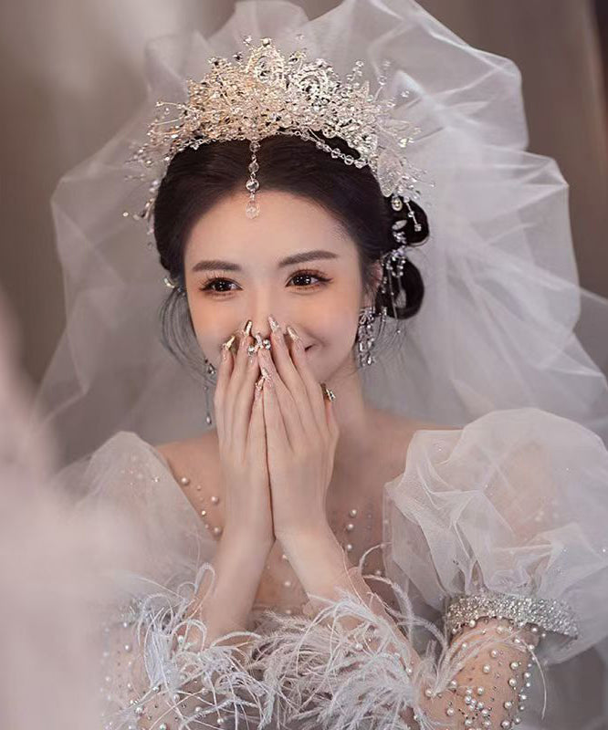 White Alloy Zircon Crystal Tassel Drop Earrings and Hairpiece Two-piece Set