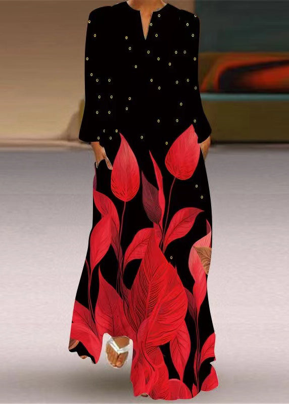 White Print Maxi Beach Dress Long Sleeve