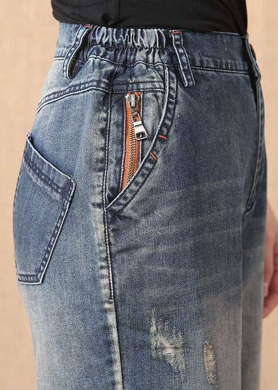 Denim Blue Elastic Waist Zip Up Pockets Hole Cotton Crop Pants Summer