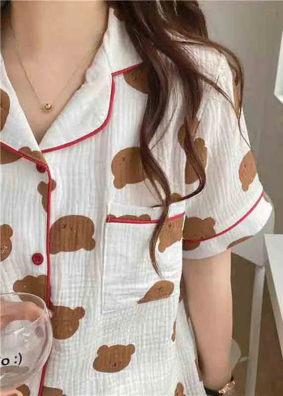 Oversized Bear Print Cotton Pajamas Two Pieces Set Summer