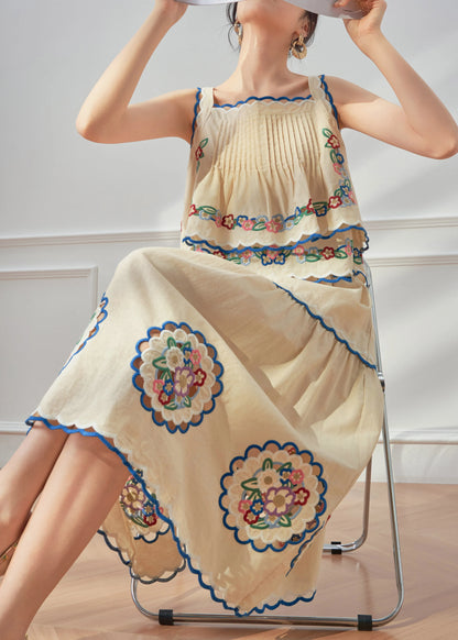 Beach Yellow Embroidered Linen Top and Maxi Skirts Two Pieces Set Summer