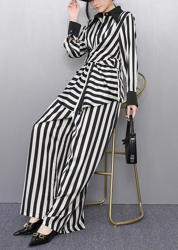 Classy Striped Peter Pan Collar Shirts and Wide Leg Pants Two Pieces Set Puff Sleeve